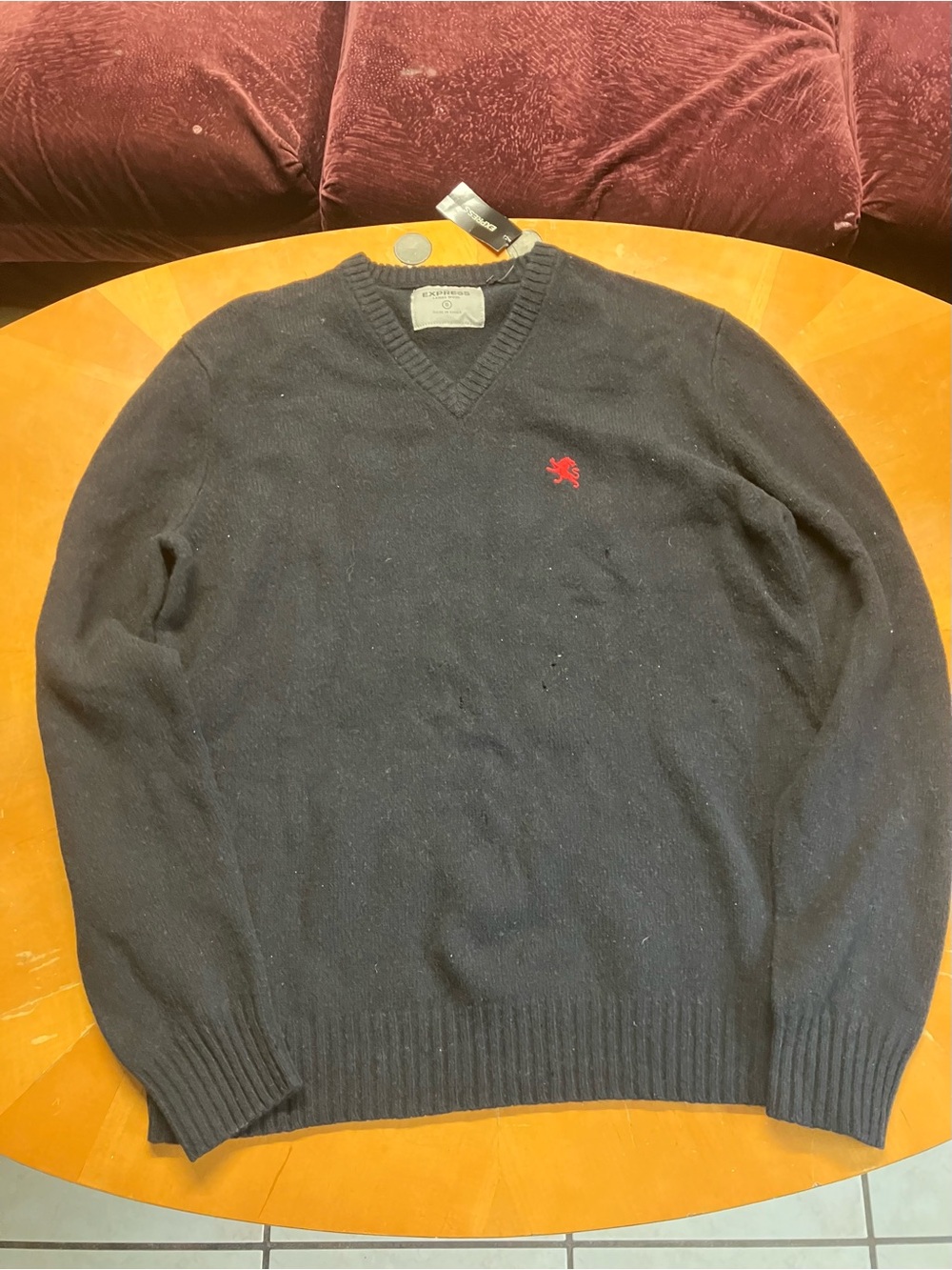 Express Lambswool V-Neck Sweater Small NWT Black Red Lion Y2K Distressed